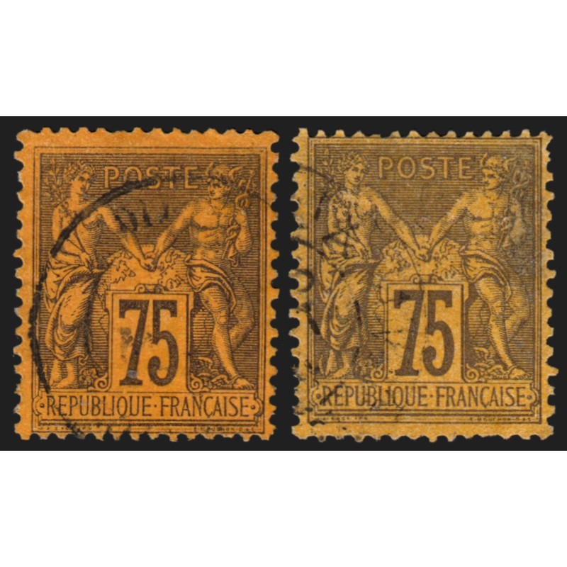 n°99/99a, Sage 75c violet sur orange + sur jaune, oblitérés - TB D'ASPECT