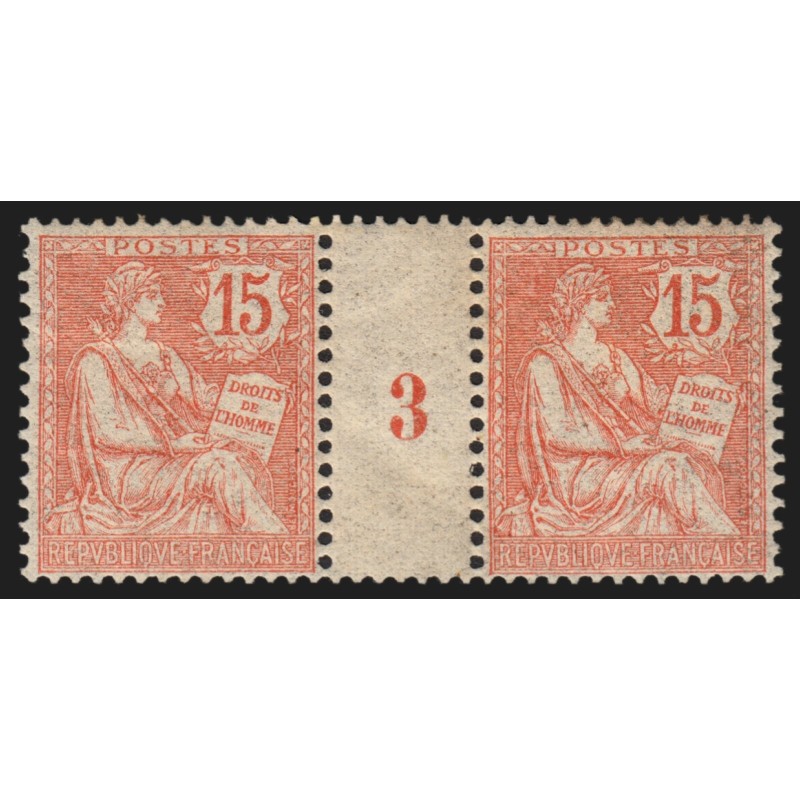 n°125, paire millésime 3, Mouchon 15c vermillon, neuf * avec charnière - TB