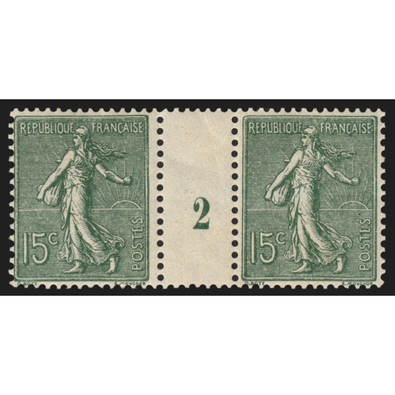 n°130c, paire millésime 2, Semeuse lignée 15c vert-gris, Type IV, neufs ** - TB