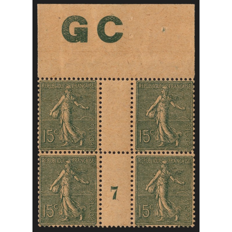 n°130c, millésime 7 avec manchette GC, Semeuse 15c vert-gris, neuf **/* SUPERBE