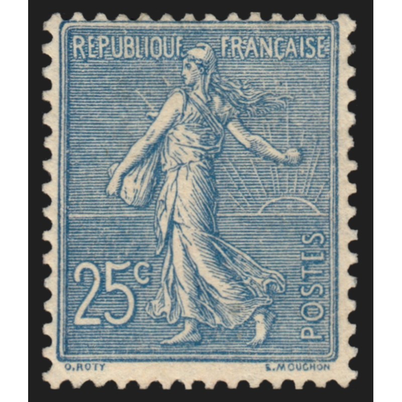 n°132, Semeuse lignée 25c bleu, neuf * légère trace de charnière - TB