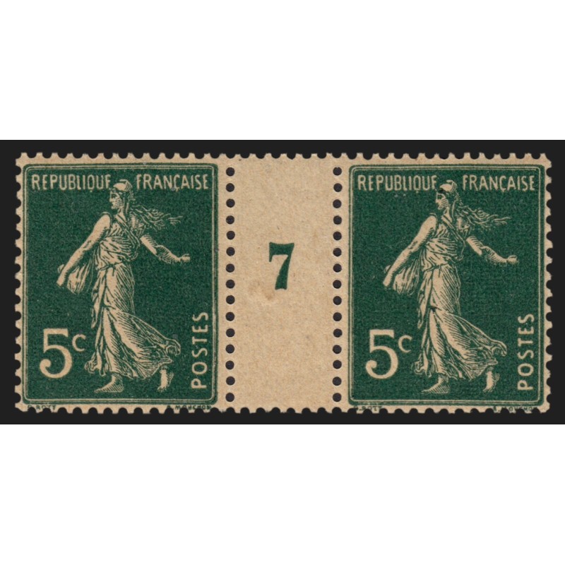 n°137, paire millésime 7 sur papier GC, Semeuse 5c vert-foncé, neuf ** - TB