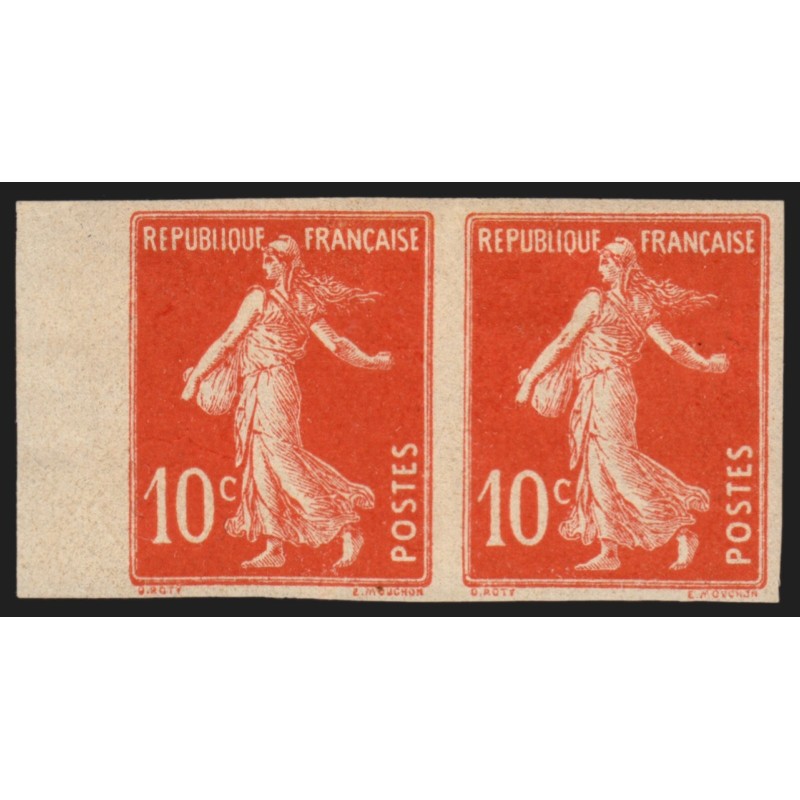 n°138g, paire non-dentelé, Semeuse 10c rouge, neuf * trace de charnière - TB