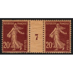 n°139, paire millésime 7 sur papier GC, Semeuse 20c brun-rouge, neufs ** - TB