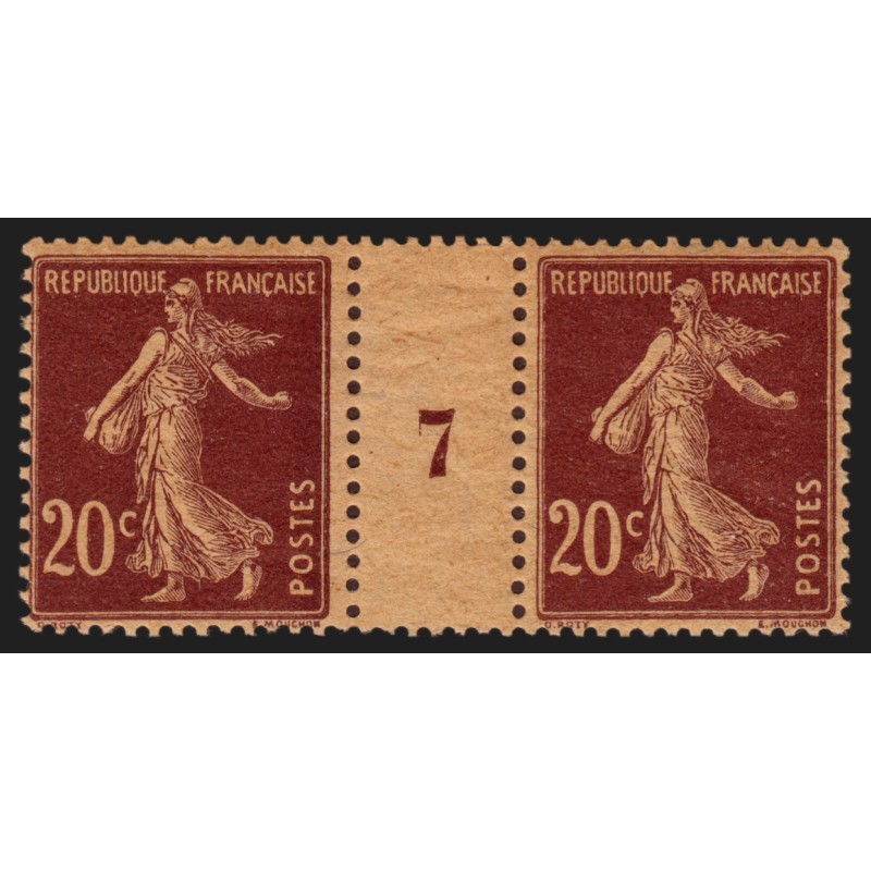 n°139, paire millésime 7 sur papier GC, Semeuse 20c brun-rouge, neufs ** - TB