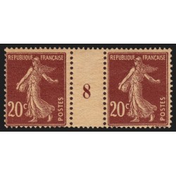 n°139, paire millésime 8 sur papier GC, Semeuse 20c brun-rouge, neufs ** - TB