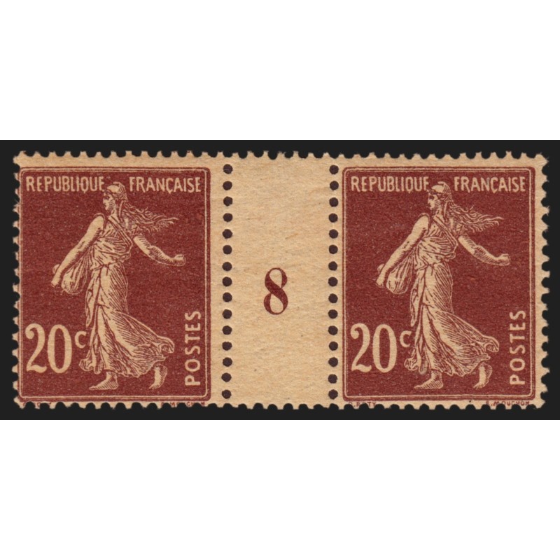 n°139, paire millésime 8 sur papier GC, Semeuse 20c brun-rouge, neufs ** - TB