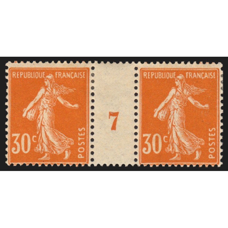 n°141, paire millésime 7, Semeuse 30c orange, neuf * avec charnière - TB