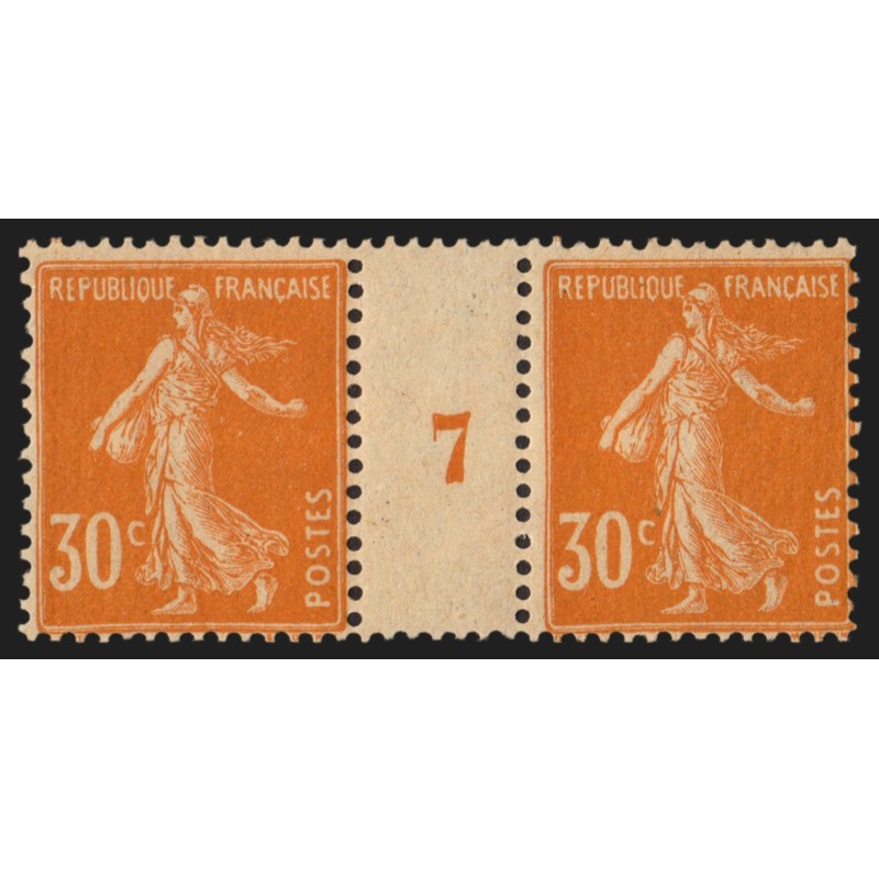 n°141, paire millésime 7 sur papier GC, Semeuse 30c orange, neuf * - TB