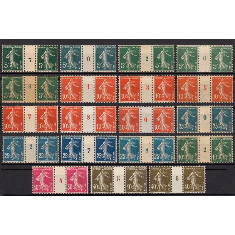 n°137/193, lot de 19 paires avec millésime, Semeuse camée, neufs ** - TB
