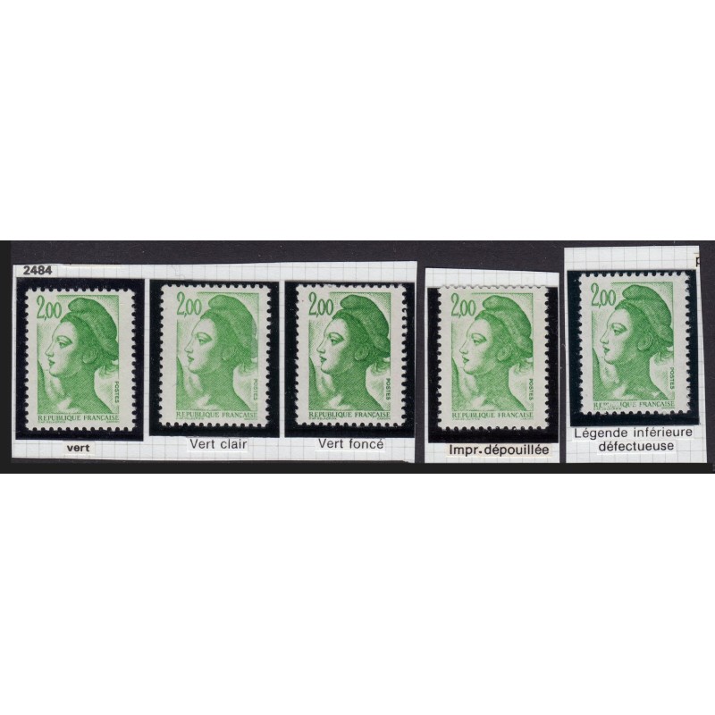 n°2484, Liberté de Gandon, 2fr vert, nuances de couleur + variétés impression