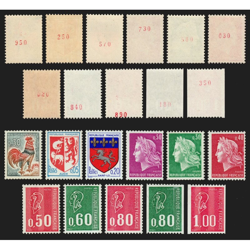 France 1962/1976, numéro rouge au verso, lot de 11 timbres différents - SUPERBE