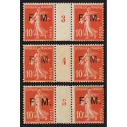Franchise Militaire n°5, Semeuse 10c rouge, 3 paires millésimes, neufs ** - TB