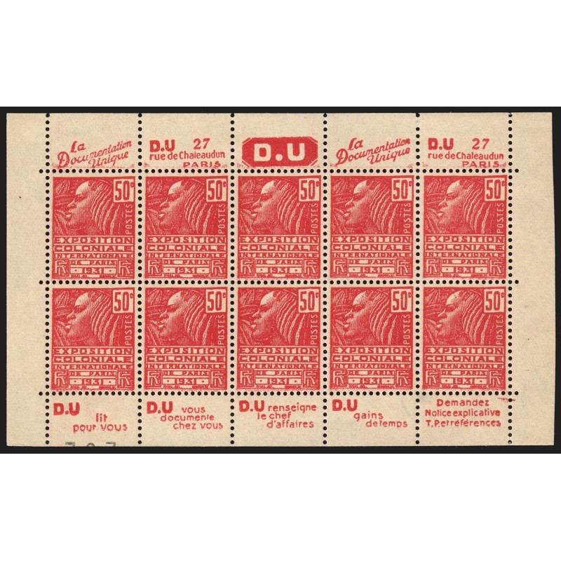n°272, feuille de carnet bandes publicitaires "D.U." texte complet, neuf **/*