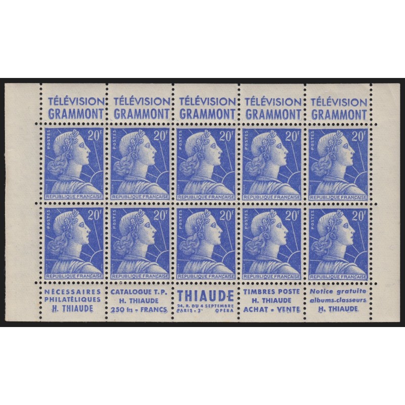 n°1011B, feuille de carnet bandes publicitaires "Grammont / Thiaude" neuf ** TB