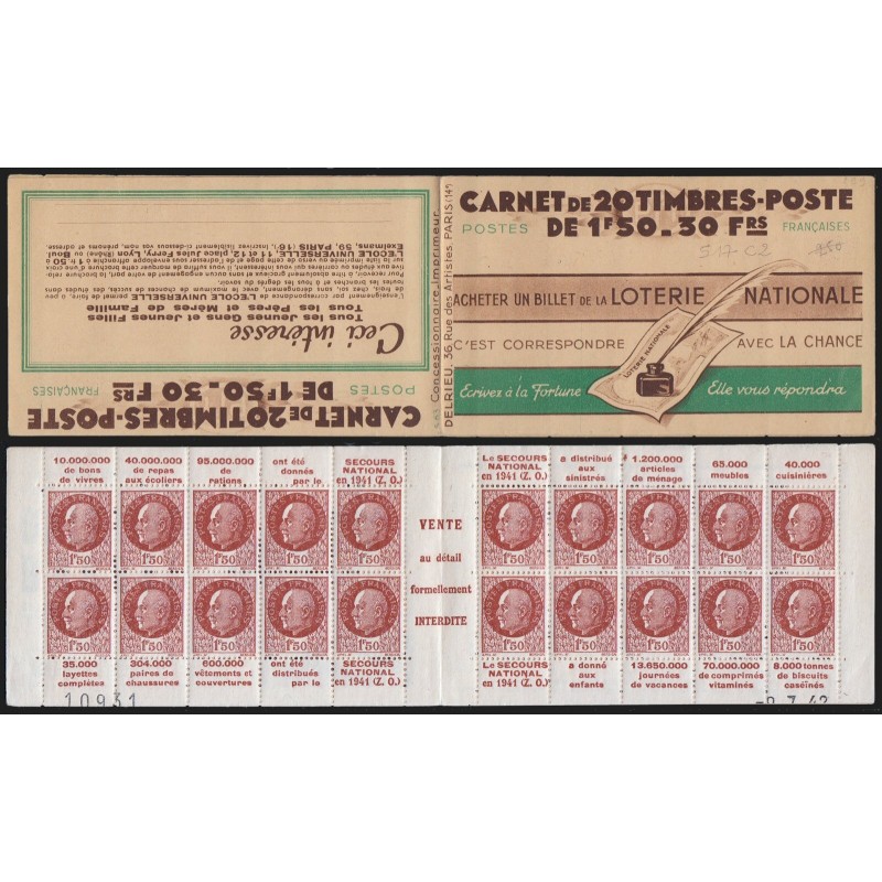 Carnet n°517-C 2, série 63, Secours National, neuf ** sans charnière - TB