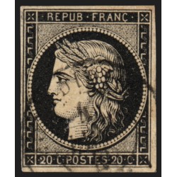 n°3, Cérès 20c noir sur jaune, oblitéré le 4 Janvier 1849 - TB