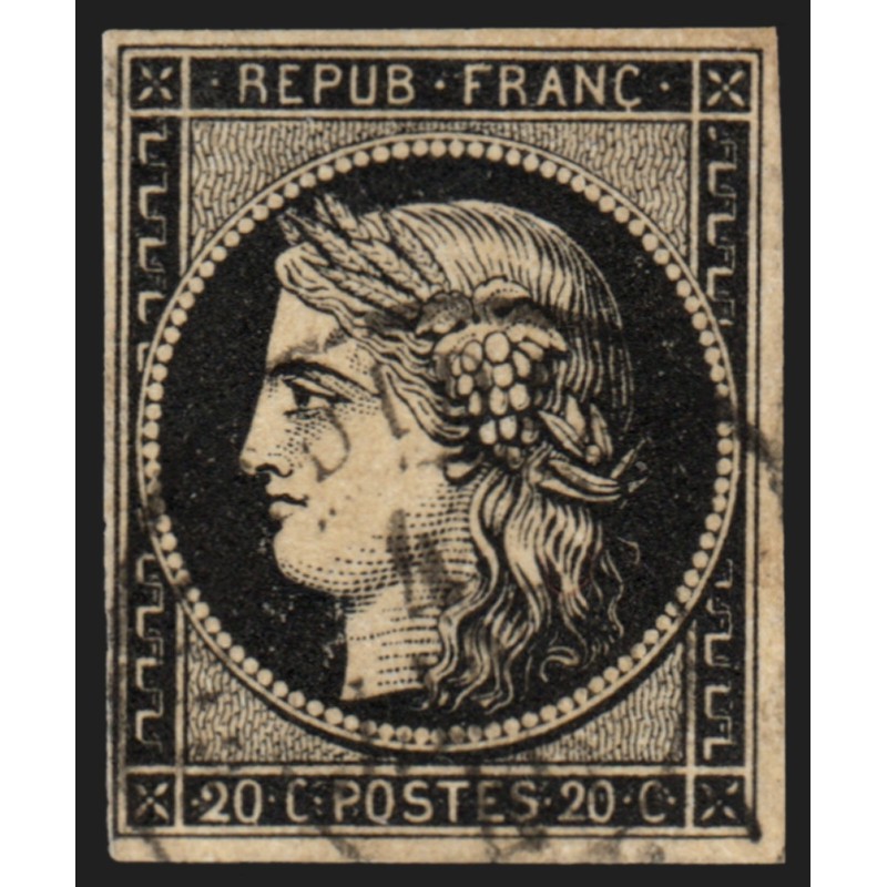 n°3, Cérès 20c noir sur jaune, oblitéré le 4 Janvier 1849 - TB