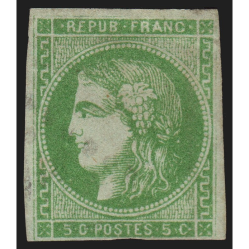 n°42B, Cérès Bordeaux 1870, 5c vert-jaune, Report 2, oblitéré - BEAU D'ASPECT