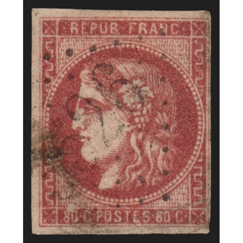 n°49, Cérès Bordeaux, 80c rose-carminé, oblitéré, pièce d'attente