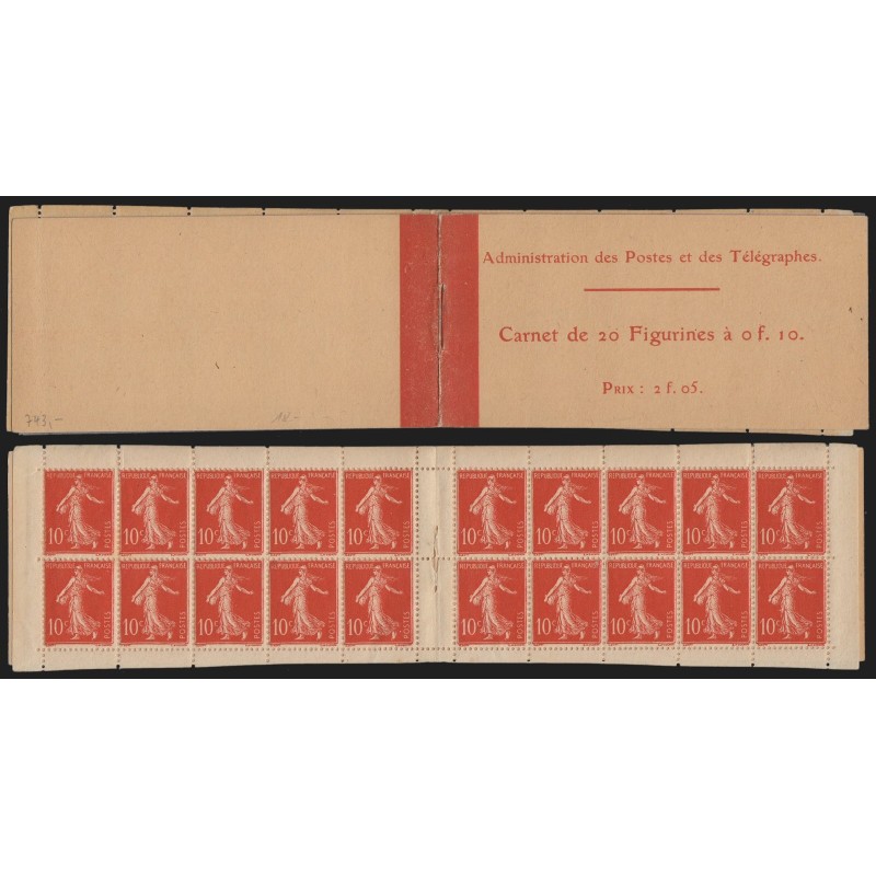 Carnet n°135-C 1, Semeuse chiffres maigres 1906, 10c rouge, neuf ** - B/TB