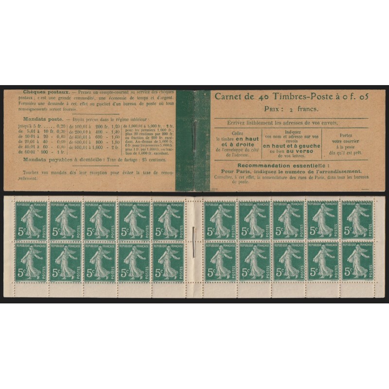 Carnet n°137-C 9, 5c vert, carnet de 40 timbres, neuf ** sans charnière - TB