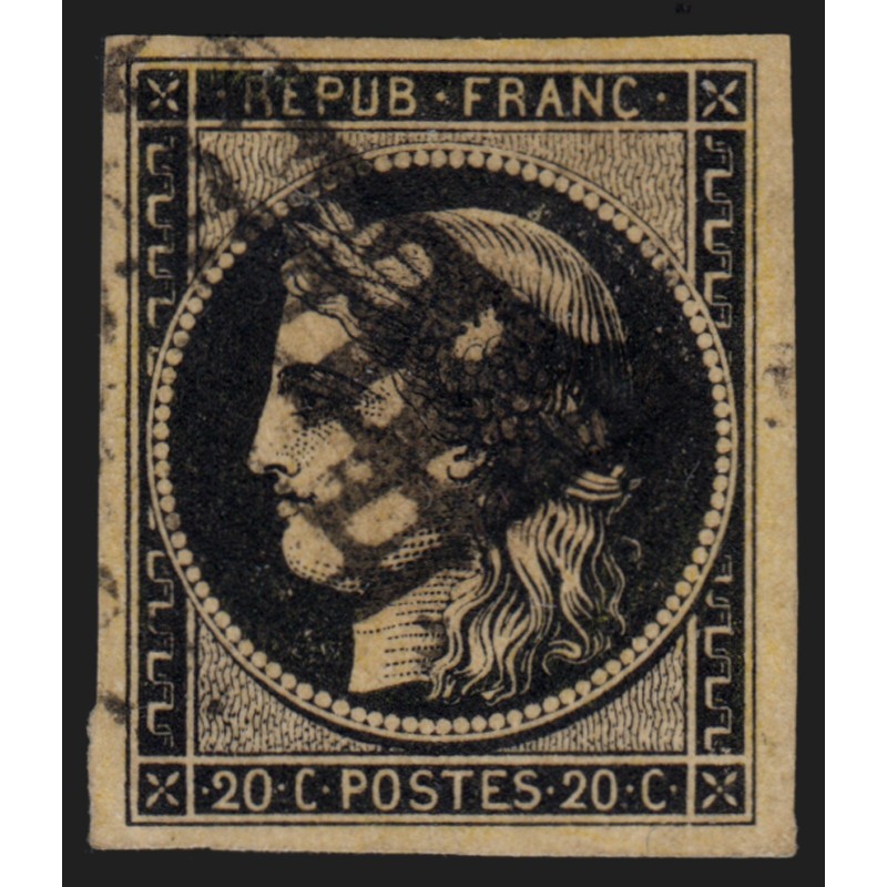 n°3, Cérès 1849, 20c noir sur jaune, oblitéré grille noire - TB n°3, Cérès 1849, 20c noir sur jaune, oblitéré grille noire - TB