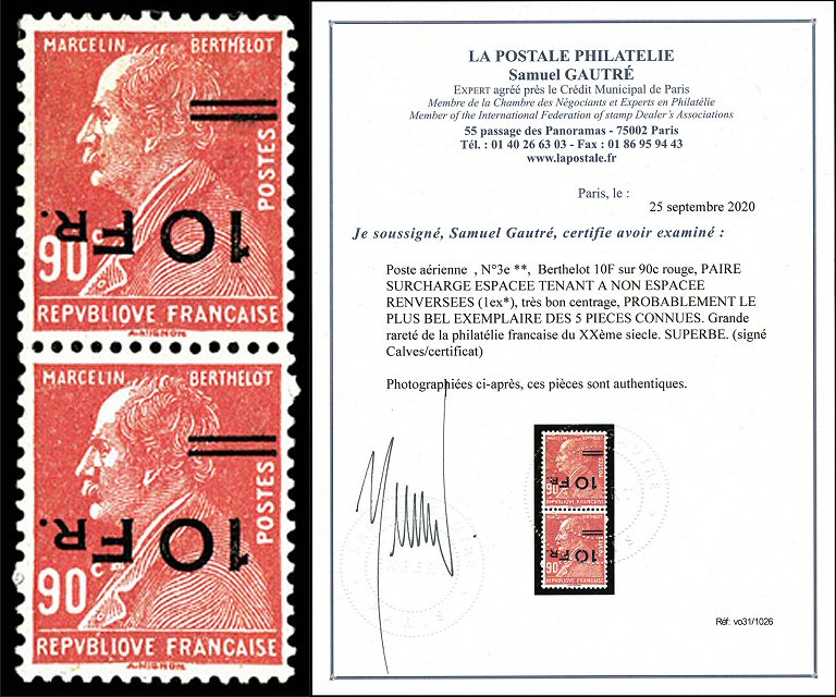 Berthelot "Île de France" une paire surcharge espacée tenant à non-espacée renversées vendue 65.000 €