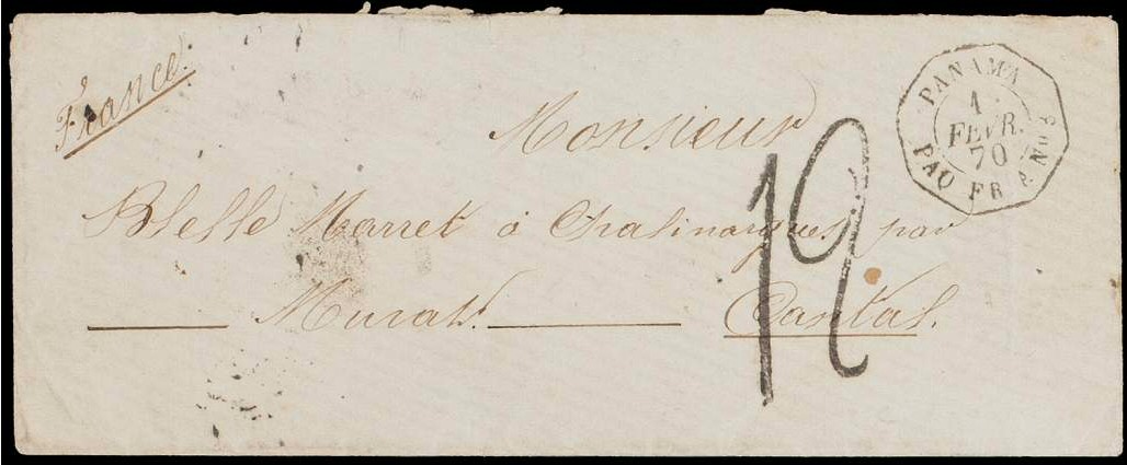 Lettre par paquebot de PANAMA pour CHALINARGUES (par MURAT), en 1870