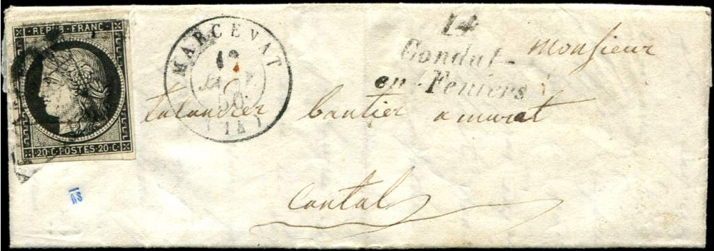 lettre avec n°3a, Cérès 20c noir sur blanc oblitéré grille + càd MARCENAT 12/01/1850 et cursive 14/CONDAT EN FENIERS à destination de MURAT