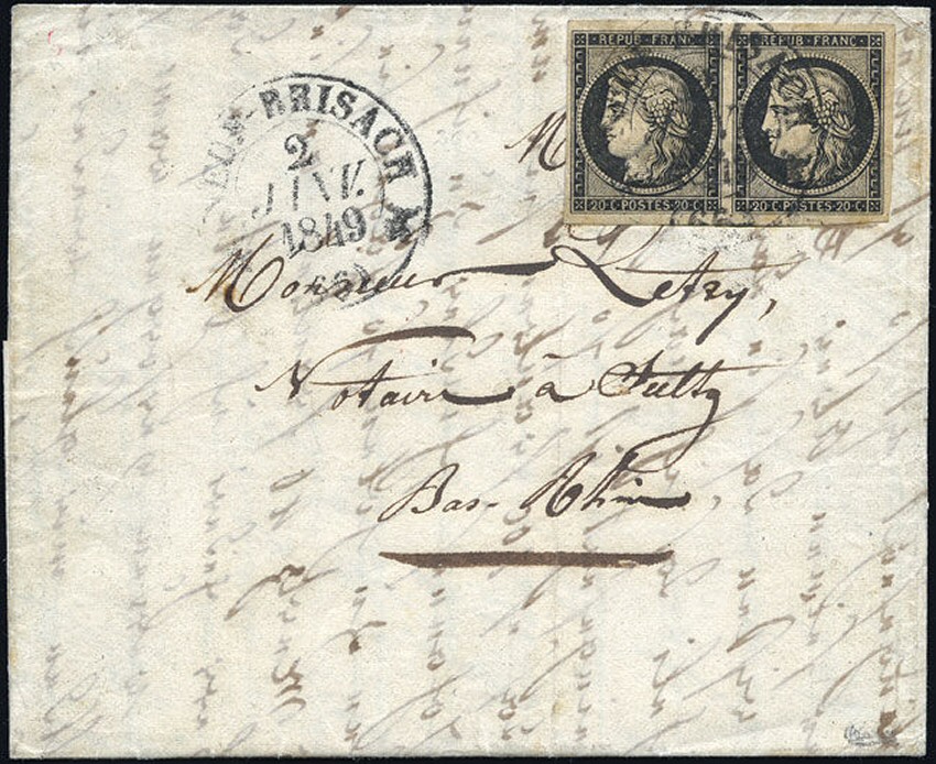 Cérès 20c noir en paire s/lettre du 2 janvier 1849, vendu 63.700 €