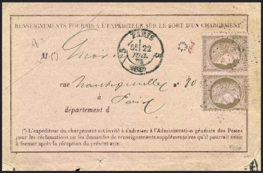 France n°55c, Cérès, 10c et 15c bistre sur rose se tenant sur lettre, vendu 30.500 €