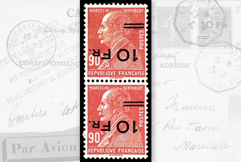 Berthelot "Île de France" une paire surcharge espacée tenant à non-espacée renversées vendue 65.000 €